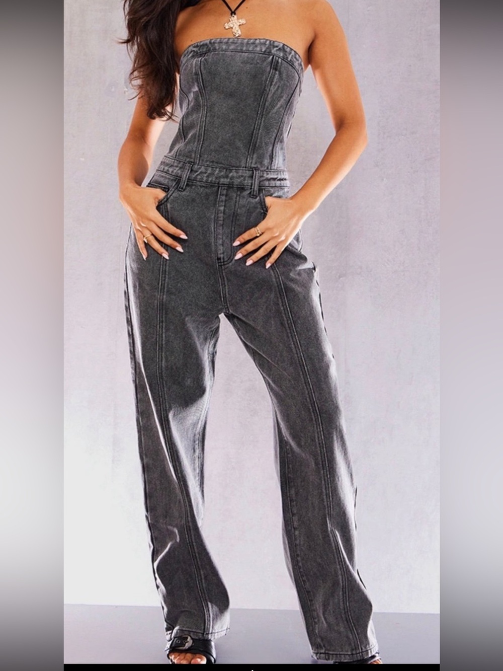 PrettyLittleThing Charcoal Black Strapless Denim Jumpsuit